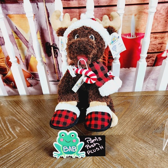 Build A Bear Chestnut Moose Christmas Plaid Scraf Hat Slippers Brown Plush NWT - Picture 2 of 11